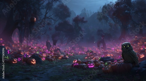 Mysterious forest at night filled with glowing pumpkins and an owl, halloween atmosphere