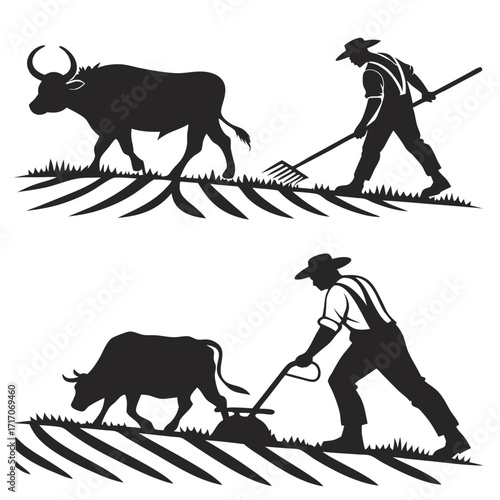 Farmer and Ox Plowing Field Silhouettes Keywords: agriculture, farming, farmer, ox, bull