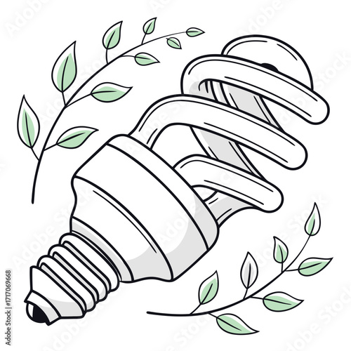 Fluorescent light bulb with green leaves energy saving