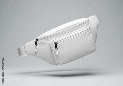 Sleek white fanny pack or waist bag mockup with a smooth, minimalist design, presented floating on a soft grey background.