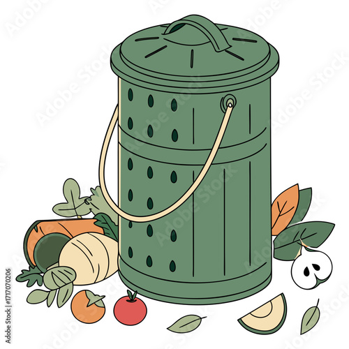 Green Compost Bin with Assorted Organic Waste on White Background Keywords: compost, bin