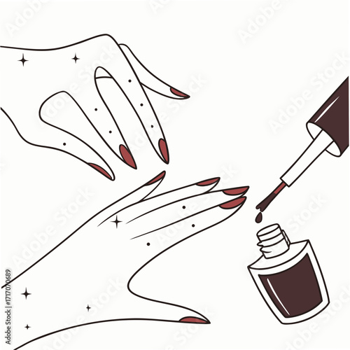 Hands Applying Nail Polish with Bottle and Brush Keywords: hands, fingernails, nail polish
