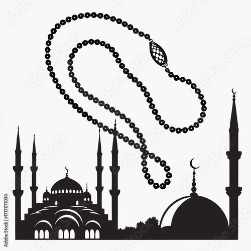 Islamic Prayer Beads and Mosque Silhouette assistance