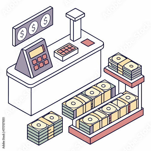 Isometric Bank Counter With Money Stacks And Display Keywords: bank, counter, money, cash