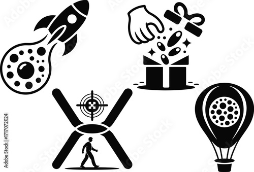 Modern startup concepts featuring rocket, hot air balloon, gift and target symbol