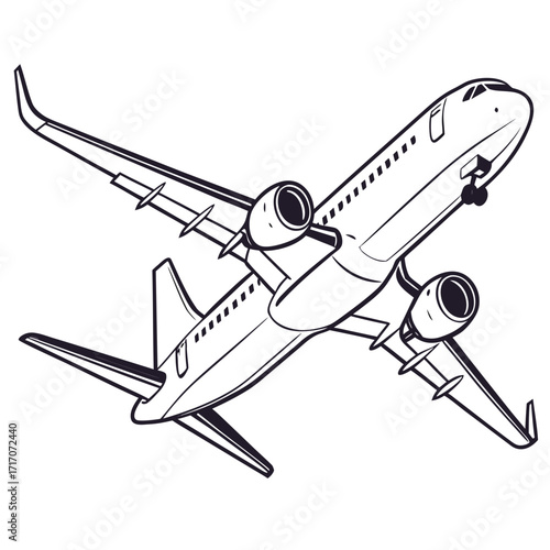 Modern jet airplane in flight outline illustration