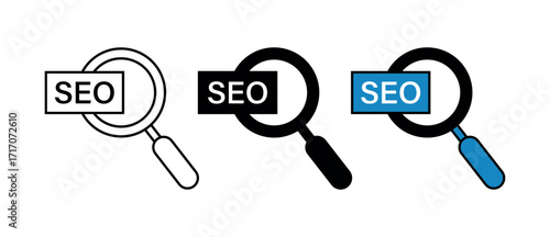 SEO Icon Set, Magnifying Glass Vector Illustrations for Search Optimization and Digital Marketing