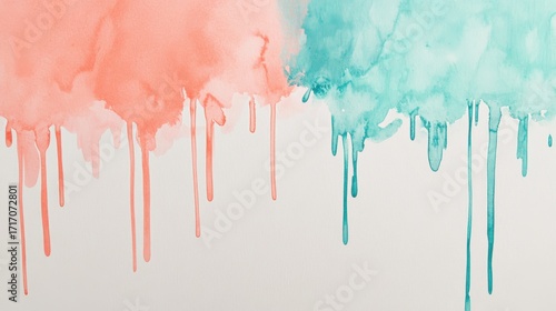 Abstract art with dripping paint in coral and teal colors