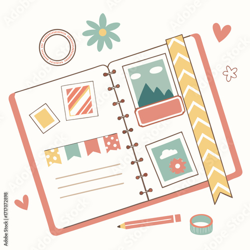 Open scrapbook with decorative elements and photos