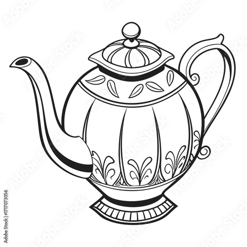 Ornate black and white illustration of a teapot Keywords: teapot, tea, beverage, drink