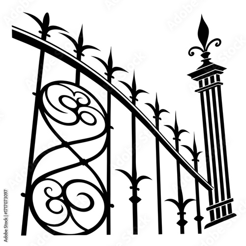 Ornate Black Metal Gate and Pillar Silhouette fence
