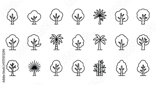A collection of twenty line art tree icons, including various deciduous and palm tree styles, arranged in rows on a white background.