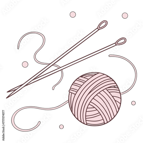 Pink Knitting Needles and Yarn Ball with Circles on White Background
