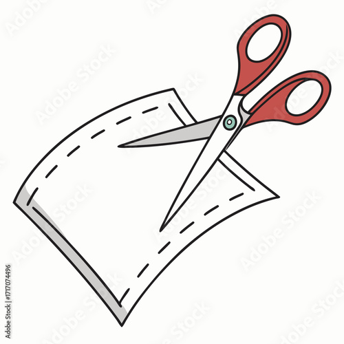Red handled scissors cutting white paper with dashed lines