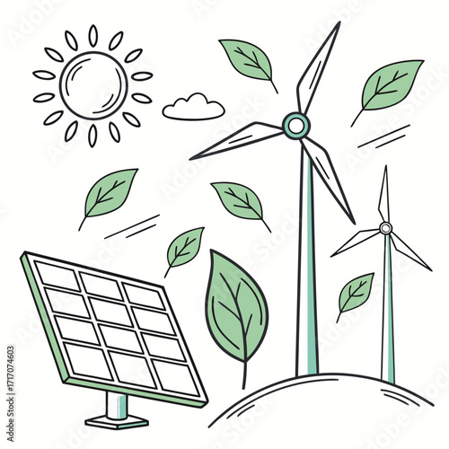 Renewable Energy Elements with Sun and Leaves Keywords: renewable energy, solar panel, wind