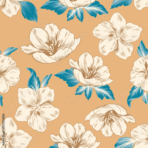 Beige background decorated with soft cream flowers and contrasting teal leaves, arranged in a repeating floral composition.
