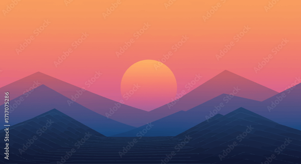 Fototapeta premium Abstract mountain landscape vector, minimalist geometric shapes, sunset gradient colors(