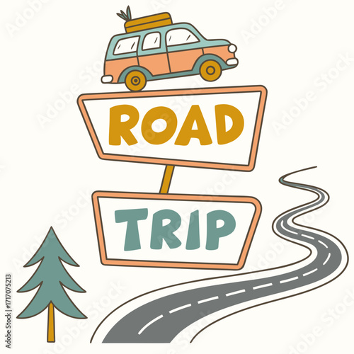 Road Trip Sign with Car and Winding Road Illustration