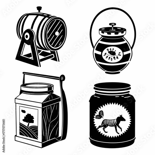 Set Of Four Vintage Black And White Container Icons