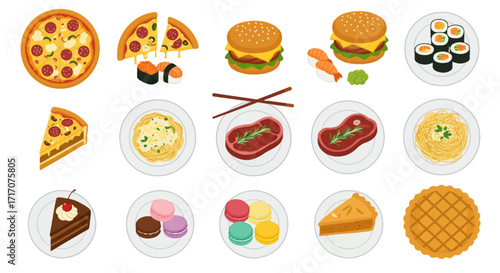 Flat design vector set of fast food meals, including burger, fries, hotdog, pizza, sandwich, and soda, modern minimal style, isolated icons for infographic or poster