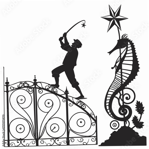 Silhouette of Fisherman on Gate with Seahorse Sculpture