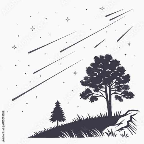 Silhouette of meteor shower over landscape with rocks and trees