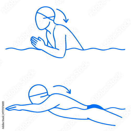 Minimalist black and white line art illustration of a swimmer practicing breaststroke breathing and head lifting above water during arm pull