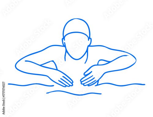 Minimalist black and white line art illustration of breaststroke arm movement, swimmer pulling arms in a circular motion from forward stretch to chest
