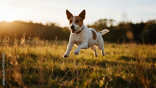 A small white and brown dog running through a grassy field at sunset