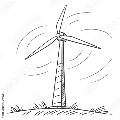 Single wind turbine with spinning blades and grass