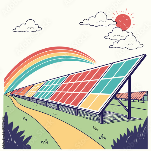 Solar panel array with rainbow and sun illustration