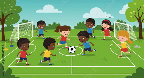 Vector illustration of children playing football outdoors, fun colorful flat design, soccer field with goalpost