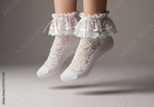 Elegant White Lace Ruffled Socks Floating on a Light Background