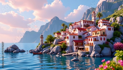 Fototapeta Naklejka Na Ścianę i Meble -  a picturesque coastal town with white washed buildings, situated by the sea with mountains in the distance under a bright sky.