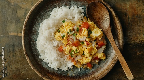 Scrambled eggs, onions, and tomatoes, served with steamed rice on a rustic plate with a wooden spoon.