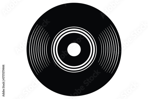 Black and White Vinyl Record Design With Concentric Circles, Grooves, And Center Hole