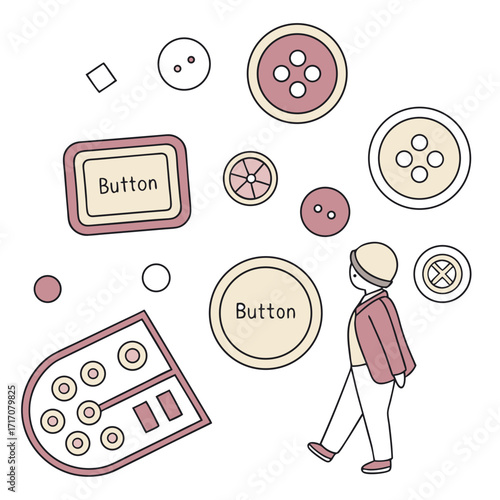 Whimsical Illustration of Buttons and a Walking Person