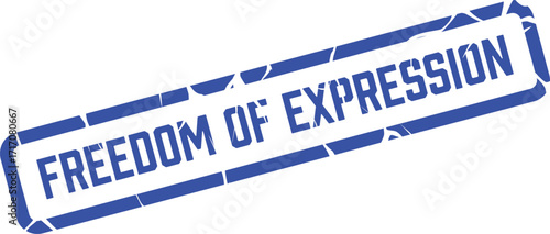 A blue rubber stamp with the words freedom of expression is angled on white