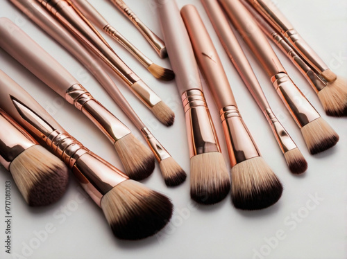 A collection of makeup brushes with rose gold handles arranged neatly on white, ideal for beauty and cosmetics themes.