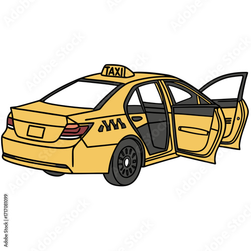 Yellow taxi with open doors on white background sedan