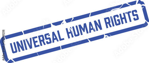 Universal Human Rights is boldly written inside a blue rectangular seal, conveying crucial concept on white