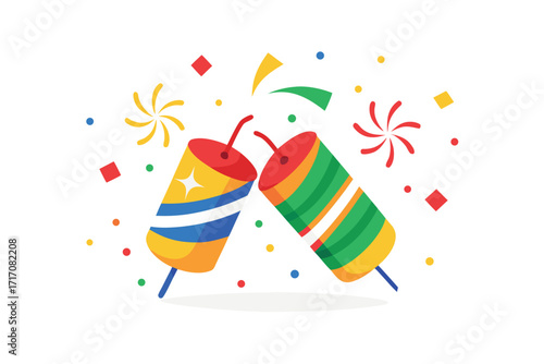 Cartoon of Cheerful Clinking Celebration Crackers with Confetti Against a White Background