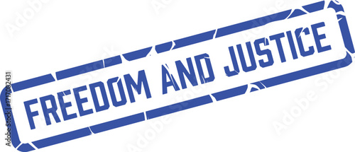 Blue freedom and justice symbol in rectangular frame with a crackled, textured surface