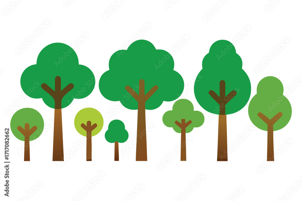 Fototapeta premium Cartoon Trees Simple Illustration of a Row of Green Trees Against White Background