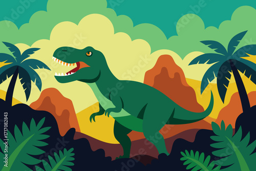 Cartoon Tyrannosaurus Rex in Jungle with Palm Trees and Mountains Illustration