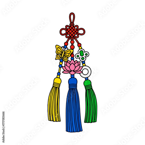 Traditional korean norigae ornament with colorful tassels, butterfly, lotus flower, and lucky charm symbols