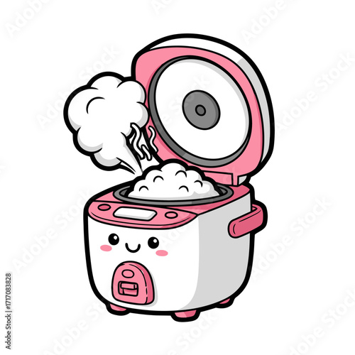Cute cartoon kawaii rice cooker with steam, , adorable kitchen appliance with happy face, perfect for food blogs and cooking content