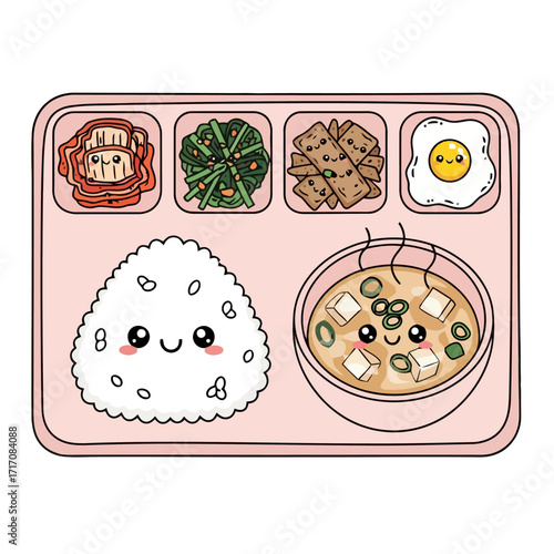 Adorable kawaii bento box meal with cute smiling food characters including rice ball, kimchi, vegetables, tofu, and fried egg