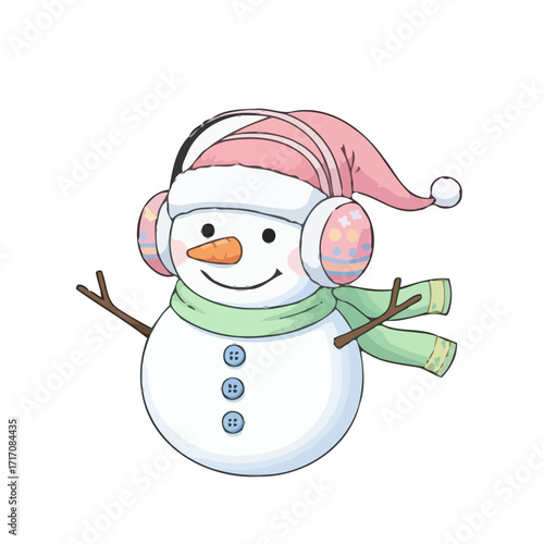 Cute cartoon snowman wearing pink hat and earmuffs, with green scarf and twig arms