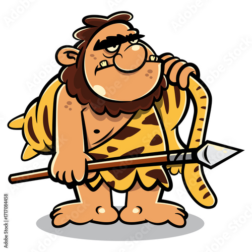A playful cartoon of a caveman hunting a saber-toothed tiger with a primitive spear. This vector illustration is perfect as a mascot, logo, or sticker for brands with a prehistoric or historical theme